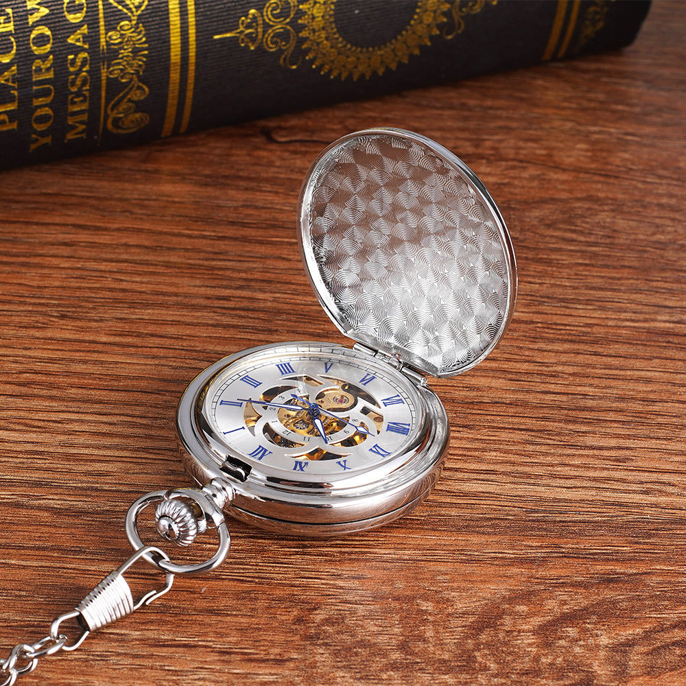 Large Pocket Watch Silver Double-hinged Mechanical