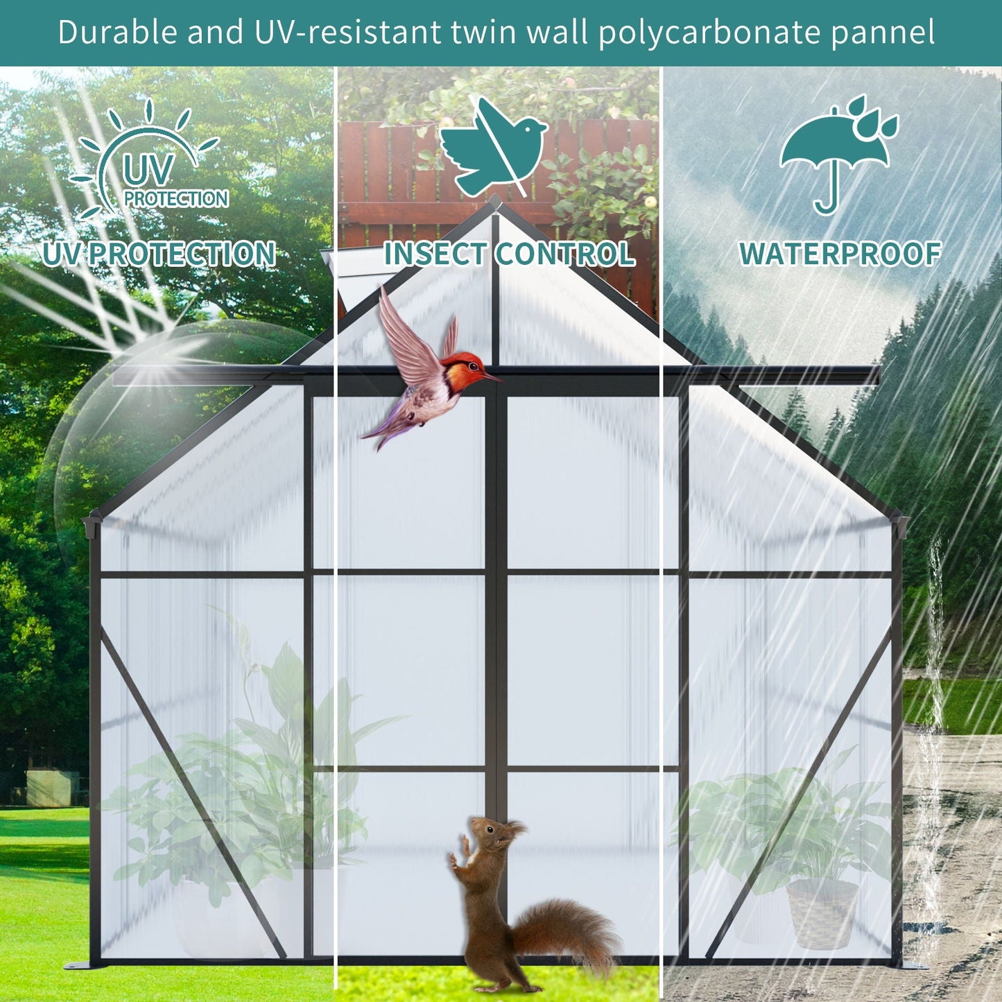 Double Door Polycarbonate house Raised Base And Anchor Aluminum Heavy Duty Walk In houses For Outdoor Backyard In All Season