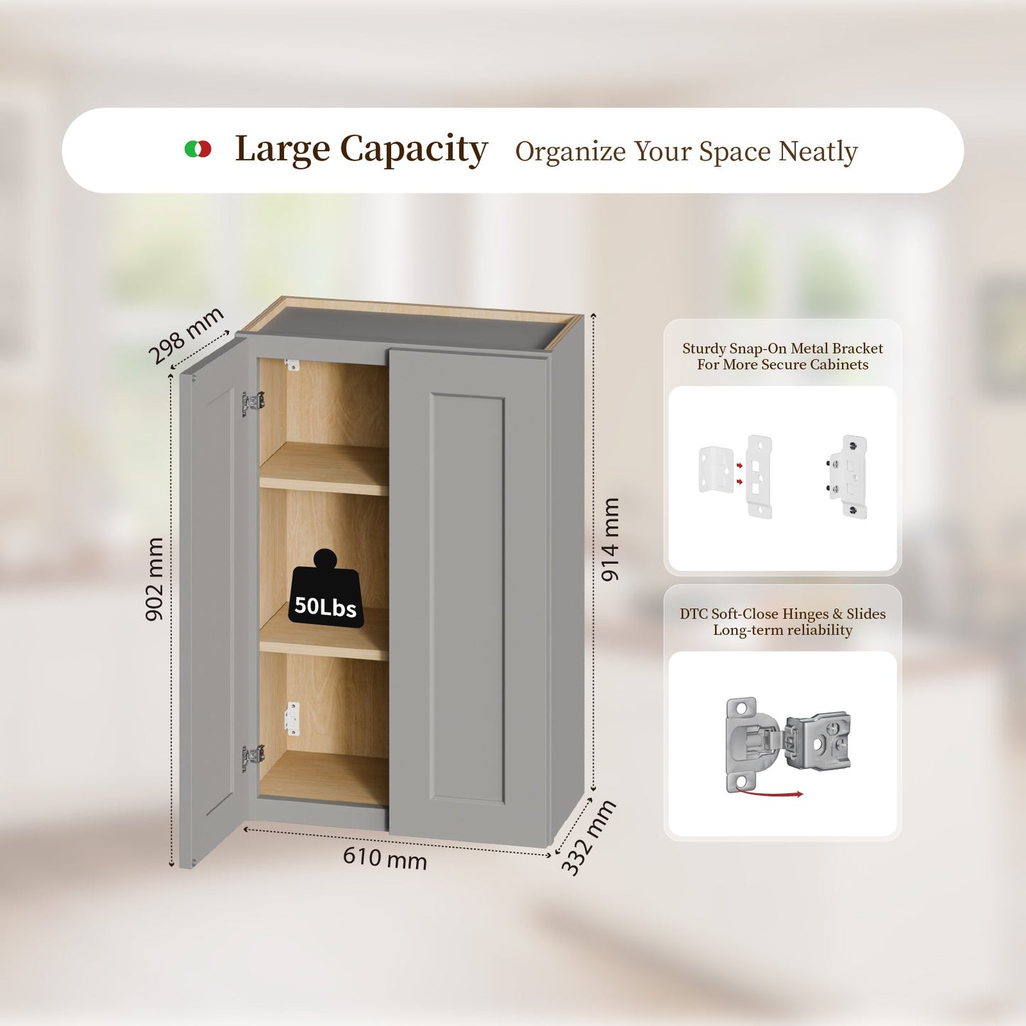 Gray Shaker Solid Wood Wall Cabinet with Soft-Close Doors