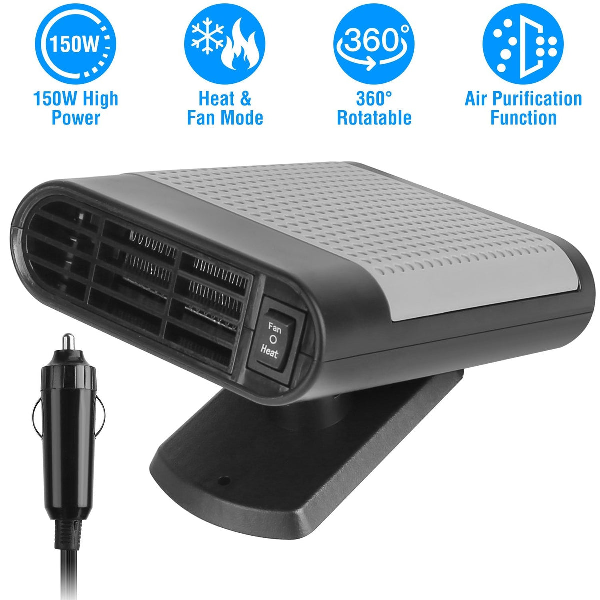 12V 150W Portable Car Heater Heating Fan 2 In 1 Defroster Defogger Demister Windshield Heater Automotive Cooling Fan with Air Purification 360¡ Rotati