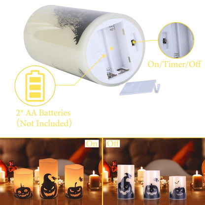3 Pack Halloween Flameless Candle Lamp with Timer Setting Battery Powered Warm Orange Light Candles for Halloween Party Decoration Pumpkin Crow Bat