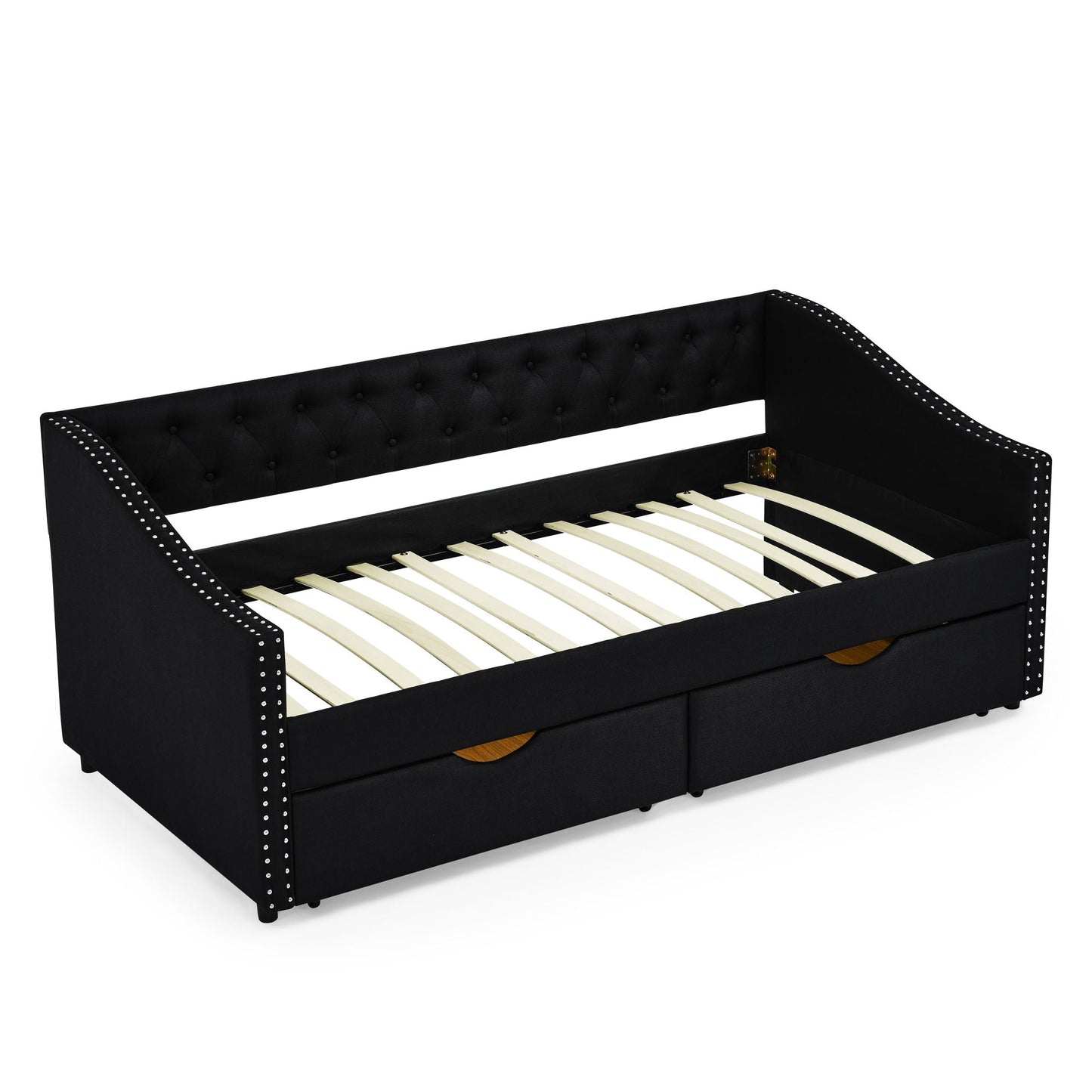 Upholstered Tufted Daybed With 2 Drawers, Waved Arms