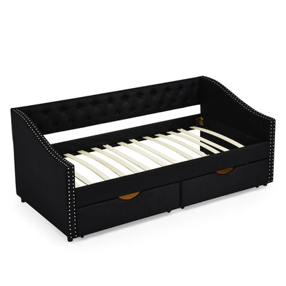 Upholstered Tufted Daybed With 2 Drawers, Waved Arms