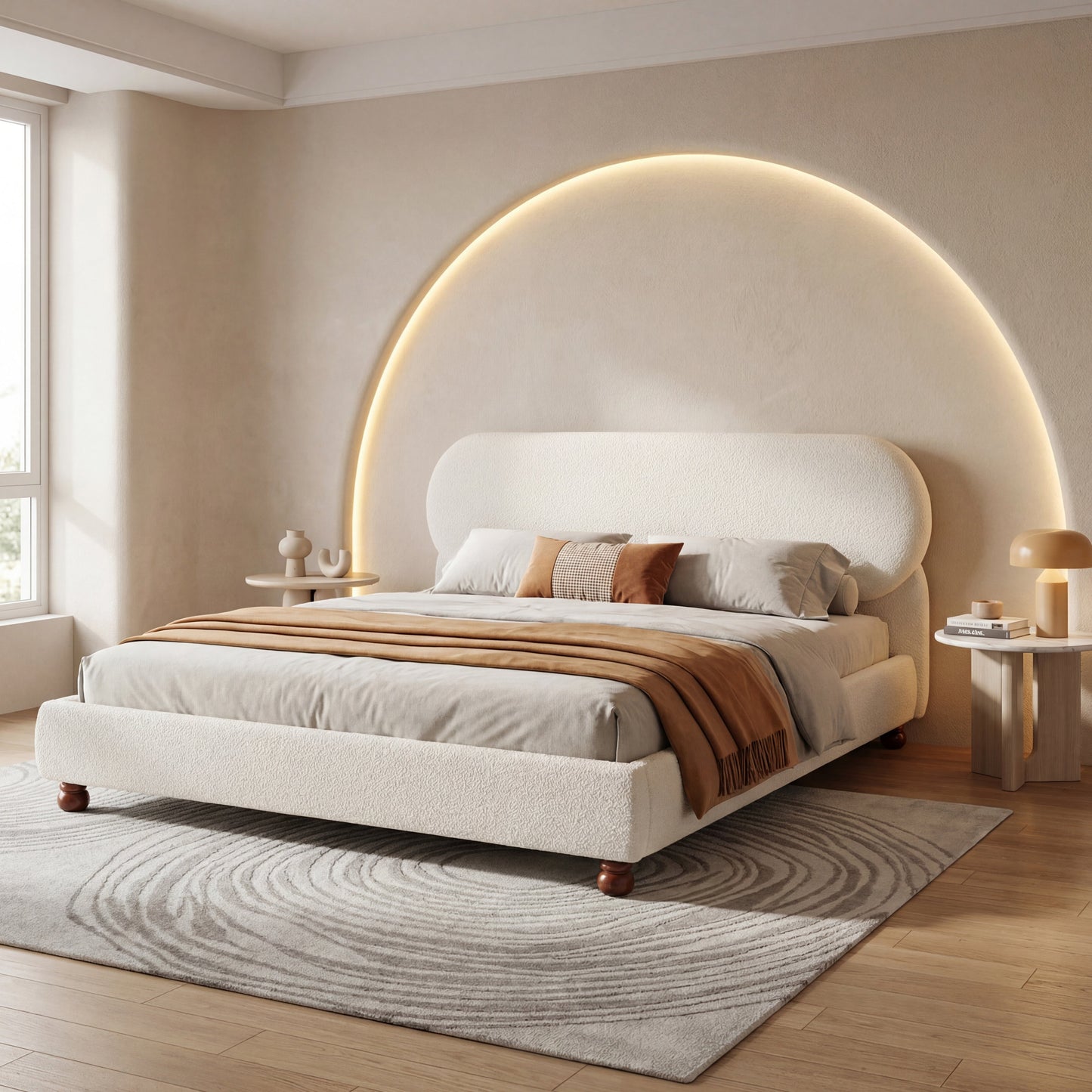 Cream-colored Boucle Upholstered Bed with Rubber Wood Foot, Queen