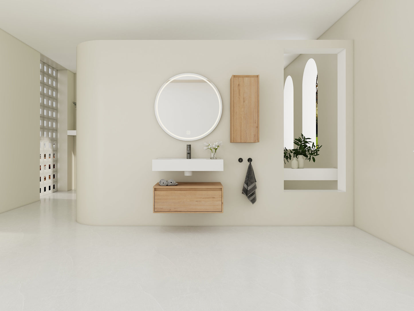 30-Inch Wall-Mounted Bathroom Vanity with Resin Sink and Side Cabinet
