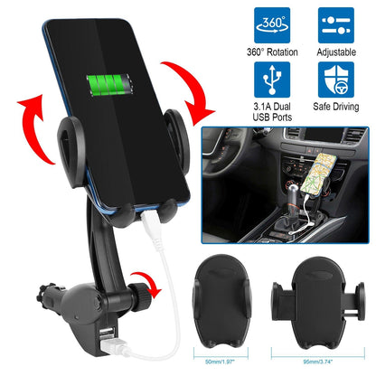 360¡ Rotation Car Phone Mount 3.1A Dual USB Cigarette Lighter Phone Holder Universal