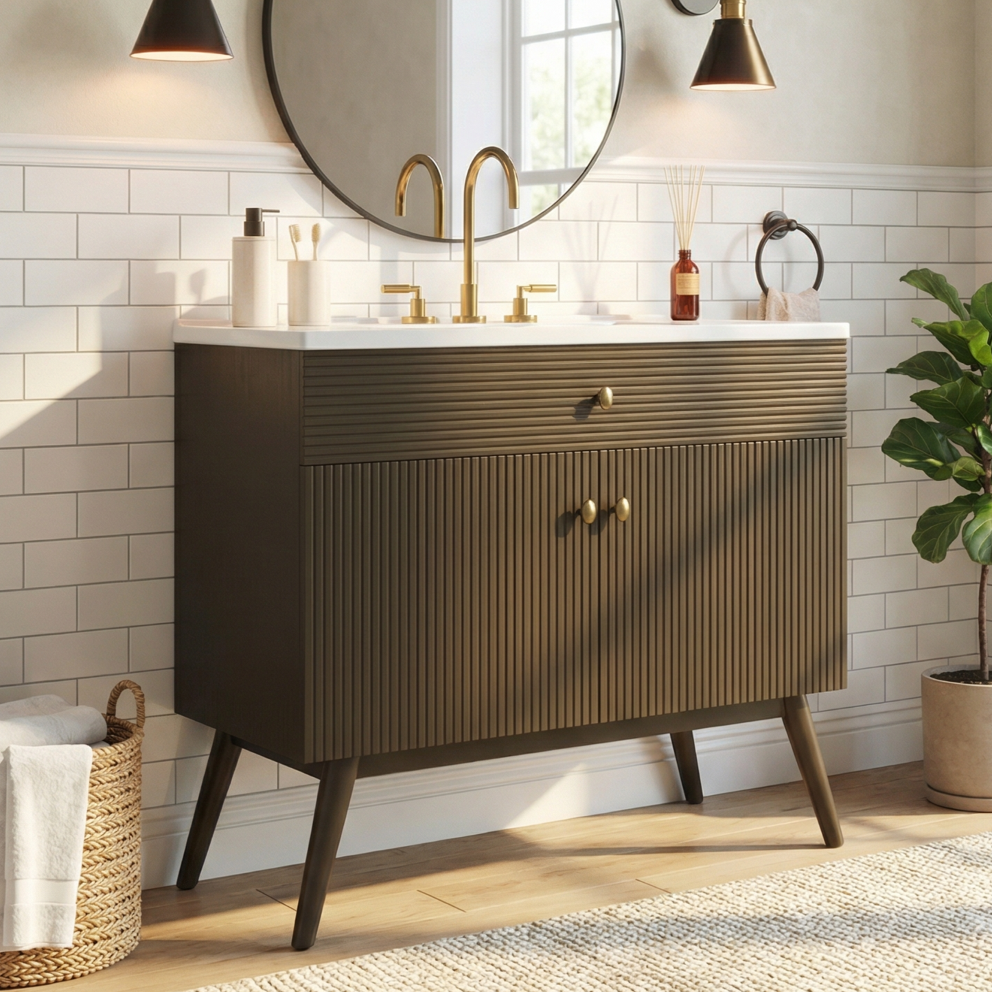 36" Luxury Striped Bathroom Vanity, Soft-Close Dual-Door Storage & Premium Ceramic Sink