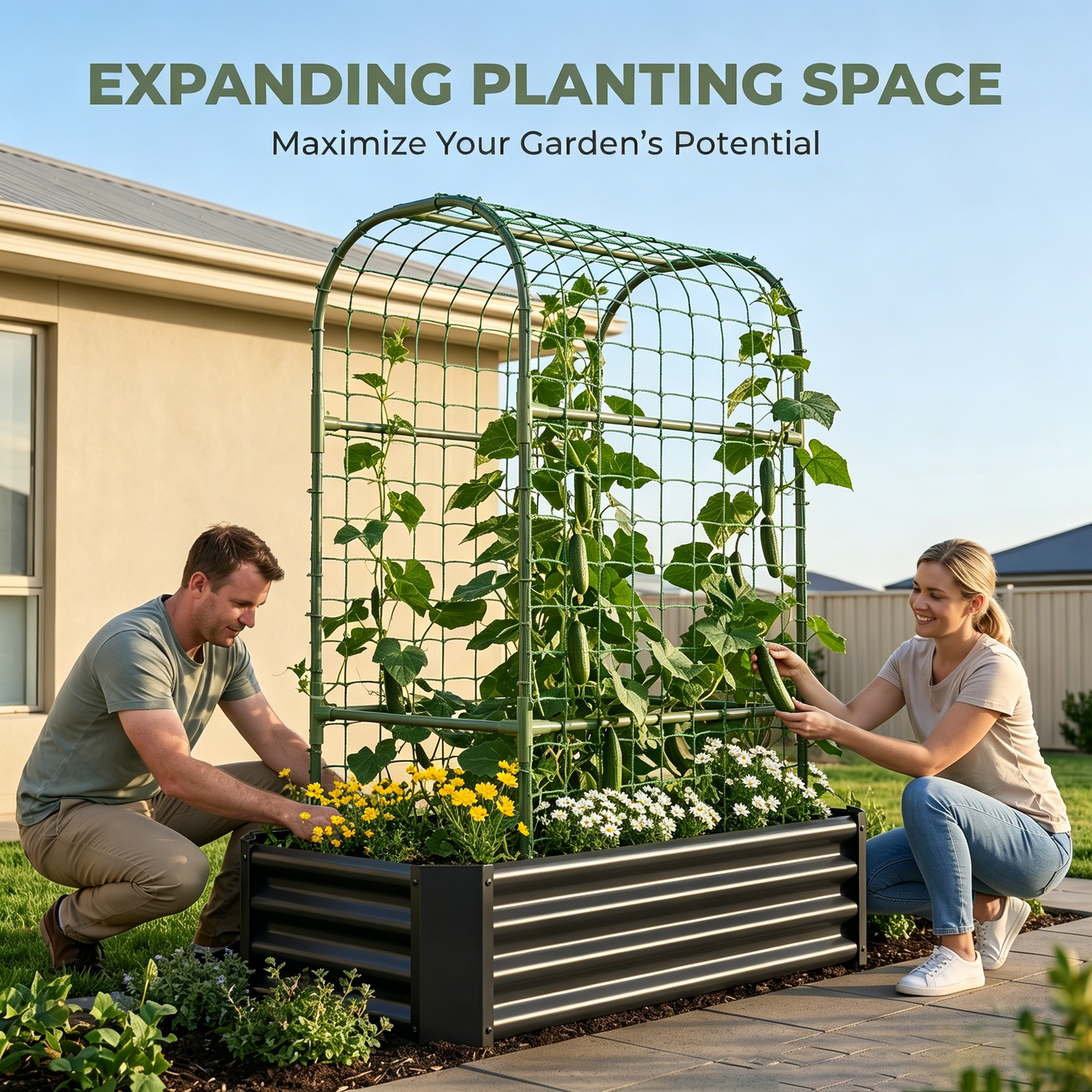 2-in-1 Raised Garden Bed with Trellis - 4x2x1 Ft Outdoor Planter