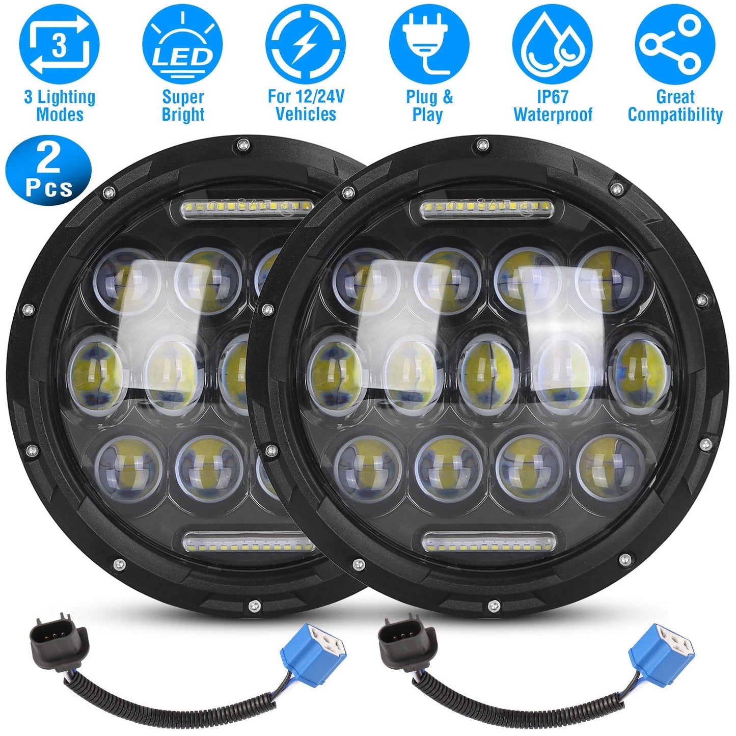 2Pcs 7In 75W Round LED Headlight 3800LM Halo Car Headlamp with DRL High Low Beam for Jeep Wrangler TJ JK CJ with H4 to H13 Adapters Plug and Play