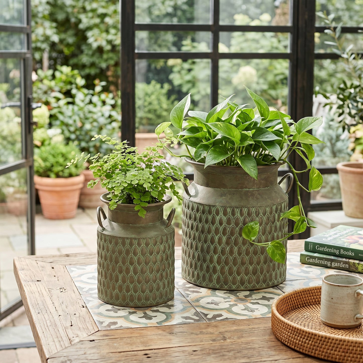 S/2 Iron Milk Jug Planters with Textured Green Finish