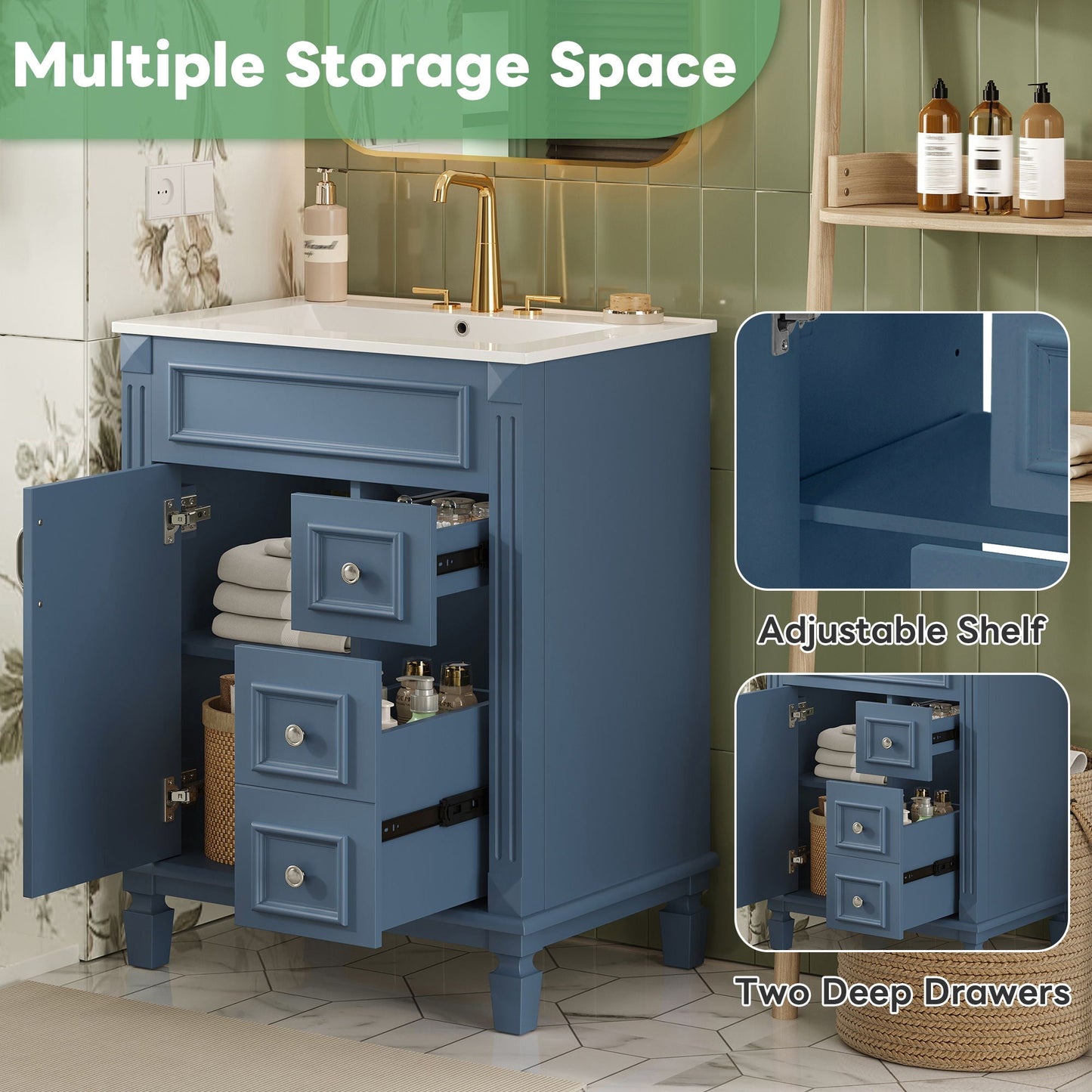 Bathroom Vanity With Ceramic Sink, Compact Cabinet With 2 Drawers And Adjustable Shelf - Blue