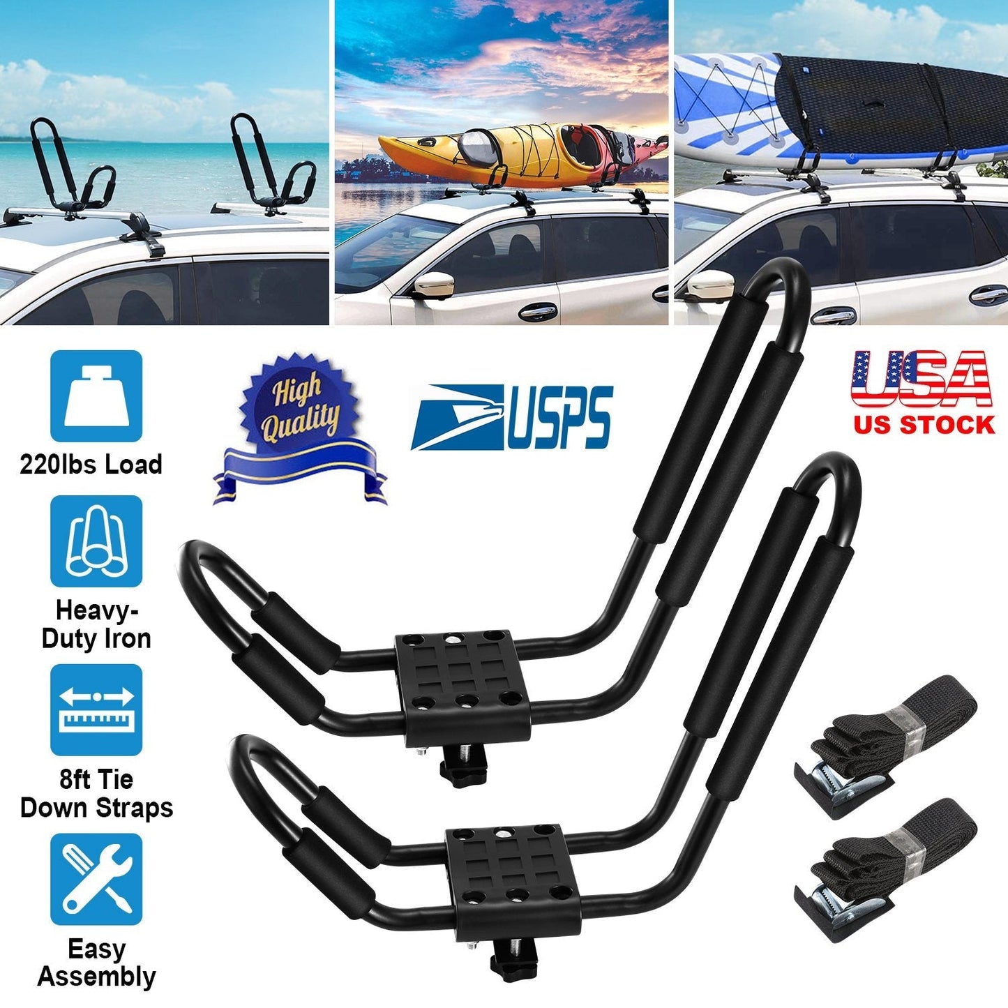 Title: 1 Pair Universal J-Bar Kayak Carrier 220LBS Load Heavy Duty Canoe Car Top Mount Carrier Roof Rack w/ 2Pcs Tie Down Straps