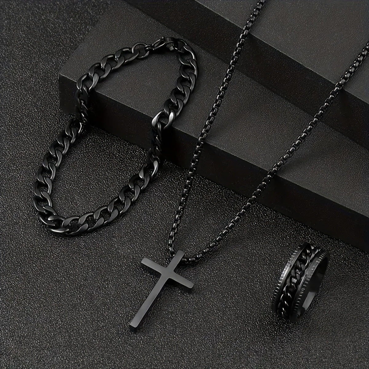 Men's Fashion Watch Ring Necklace Bracelet Set - Stainless Steel Jewelry Collection for Daily Wear