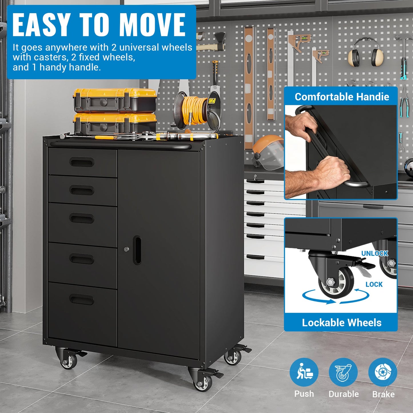 Metal Tool Garage Storage Cabinet with 5 Drawers and 1 Door
