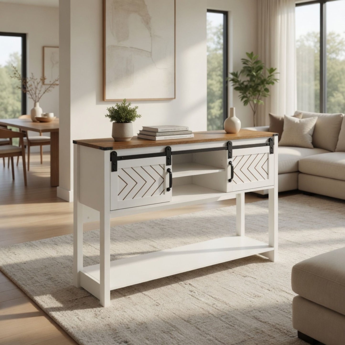 Entryway Table With Sliding Barn Door Storage - White / Oak