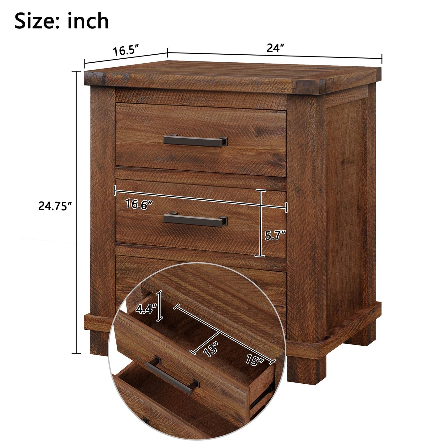 Rustic Three Drawer Reclaimed Solid Wood Farmhouse Nightstand Set of Two
