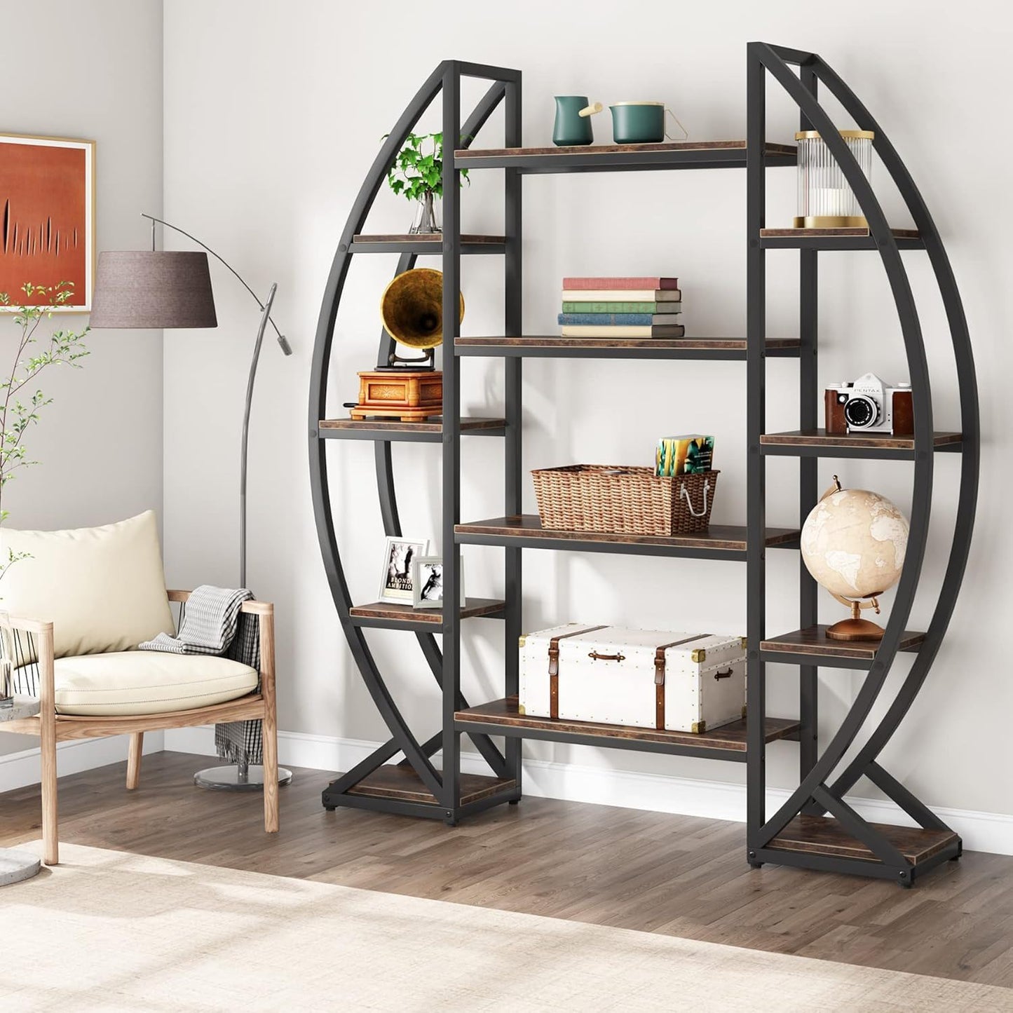 Triple Wide Oval Etagere Bookcase With Shelves For Living Room