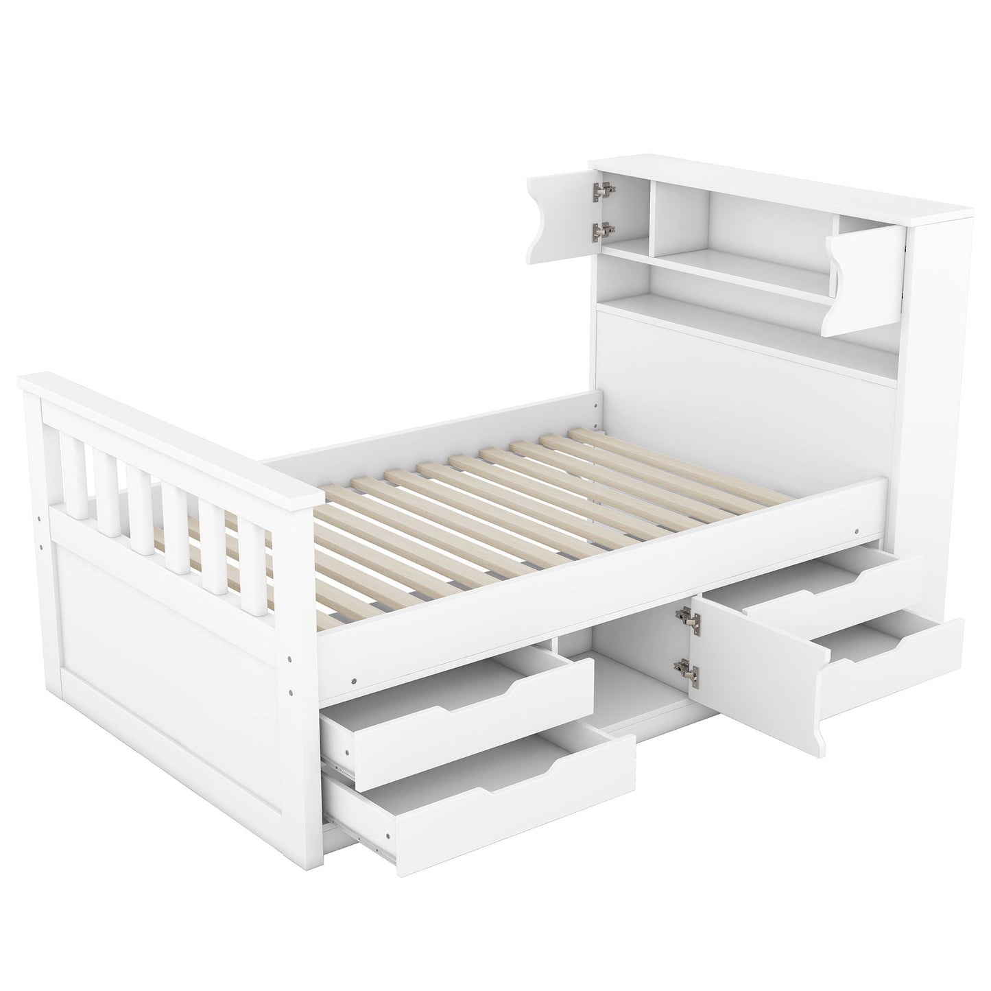 Captain Platform Bed Frame With Storage Bookcases, Shelves, And 4 Drawers