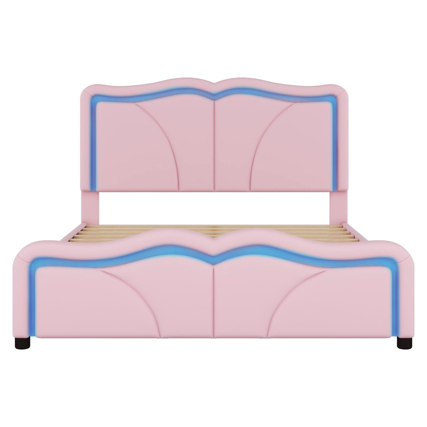 Upholstered Platform Bed & Curve Shaped And Height Adjustable Headboard, LED Light Strips
