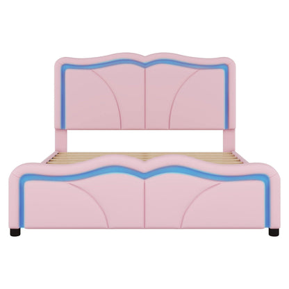 Upholstered Platform Bed & Curve Shaped And Height Adjustable Headboard, LED Light Strips