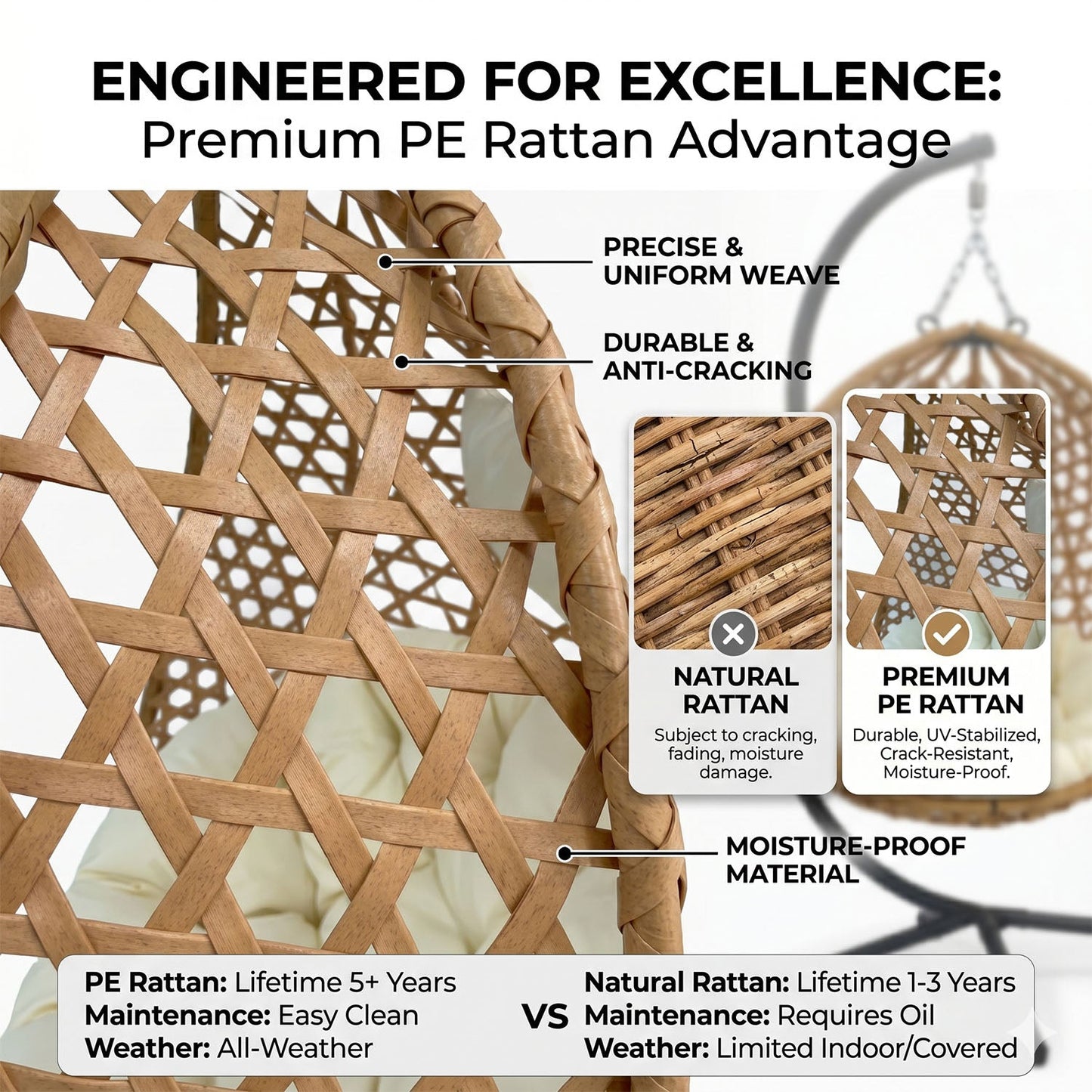 Folding PE Rattan Hanging Egg Chair with Stand