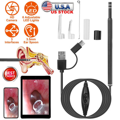 Ear Endoscope Wax Remover Tool HD Remover Ear Pick Camera Otoscope Cleaner Spoon with 6Pcs LED Lights