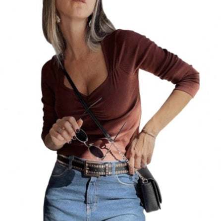 Womens Solid-color Slim-fit Long-sleeve Top