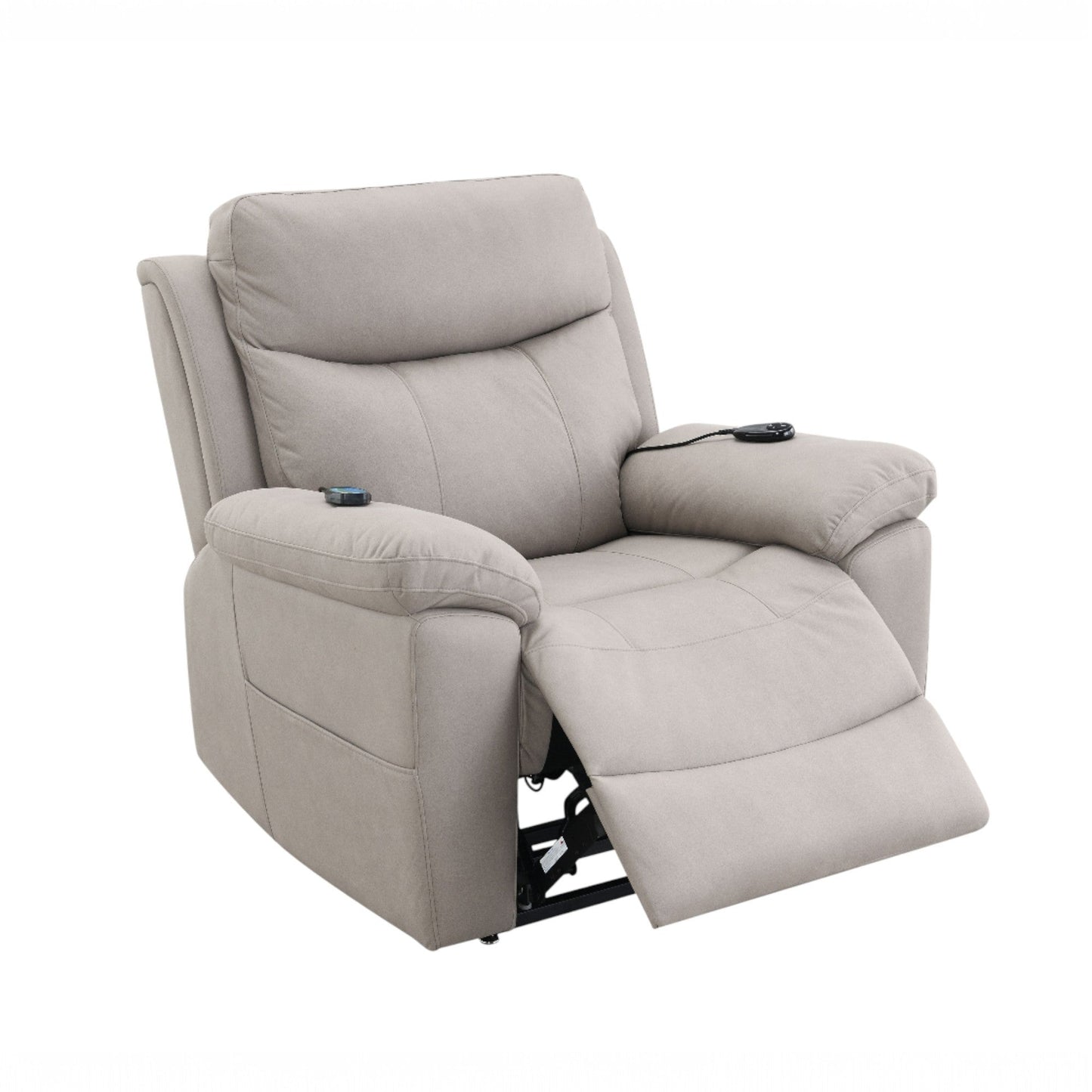 Chriki Beige Chenille & Black Finish Power Recliner with Lift, Heating, and Massage
