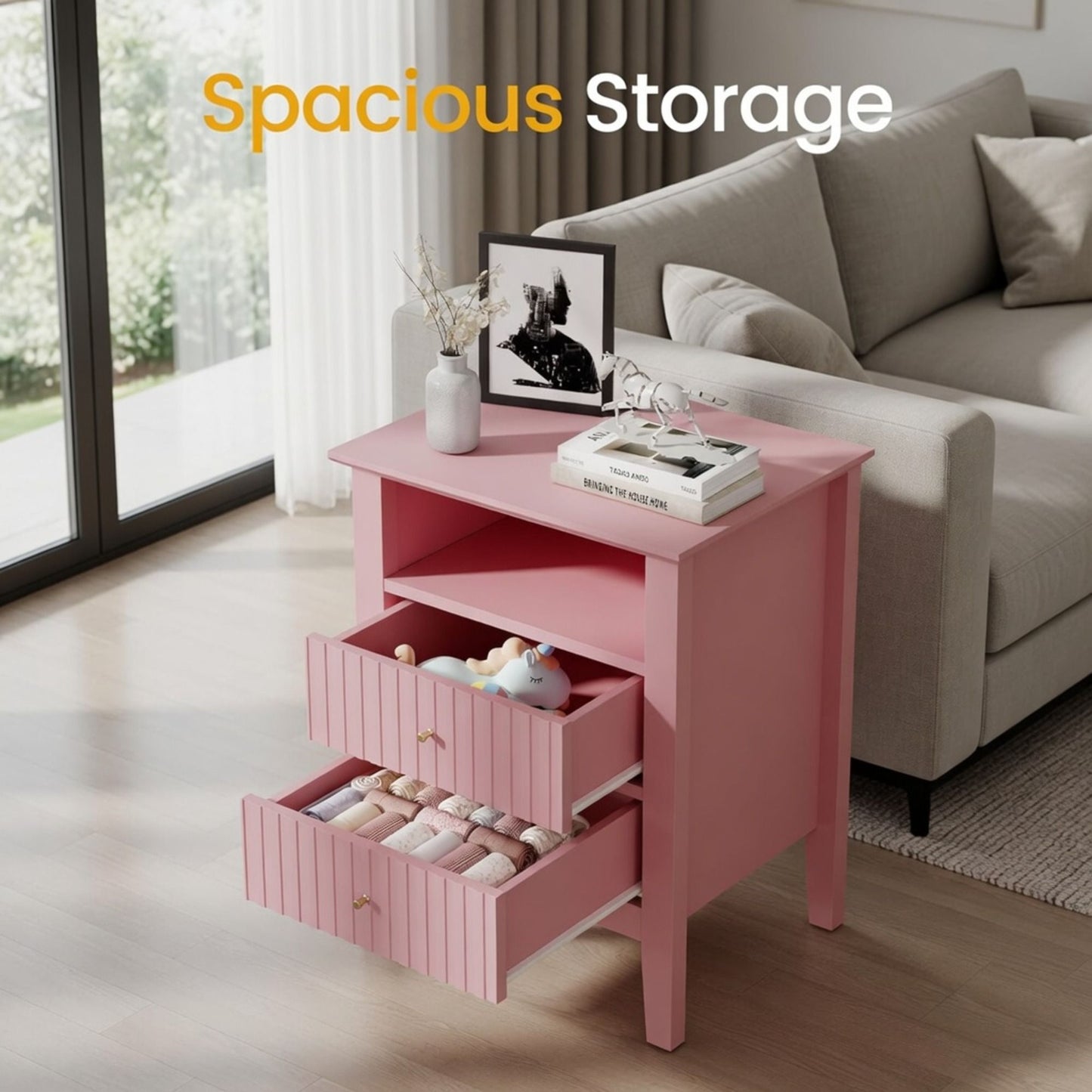Fluted Nightstand With 2 Drawers