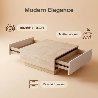 Modern Faux Travertine Coffee Table with 2 Drawers