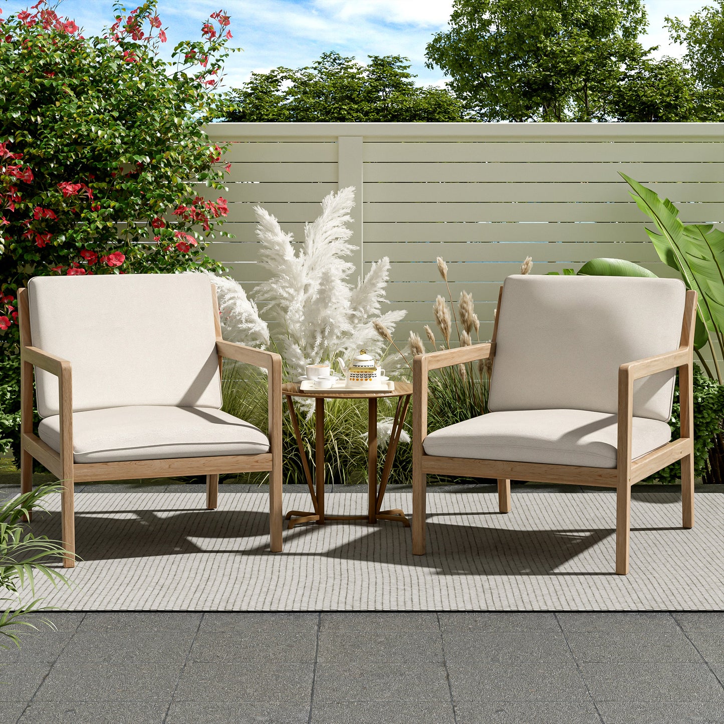 Outdoor Acacia Wood Armchair, Set of 2, Patio Club Chair with Cushions, Light Teak