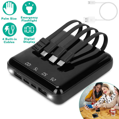 10000mAh Portable Charger Power Bank External Battery Pack w/ 4 Built-in Cables w/ LED Flashlight