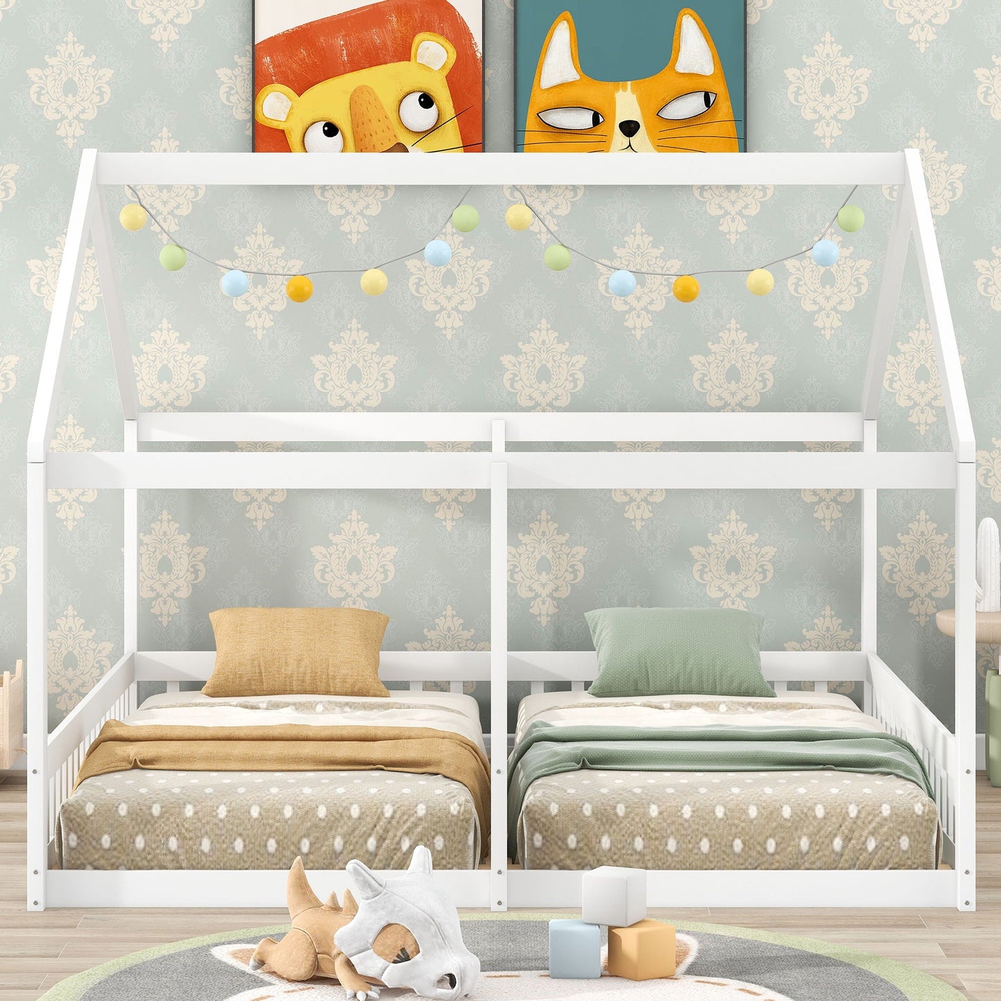 House Platform Beds, 2 Shared Beds, Metal Frame With Guardrails