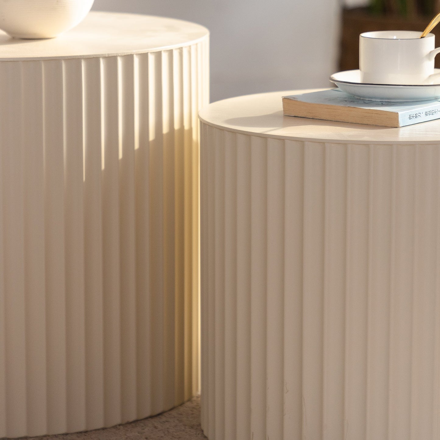 Beige Nesting Coffee Table Set of 2 Modern Drum Side Tables