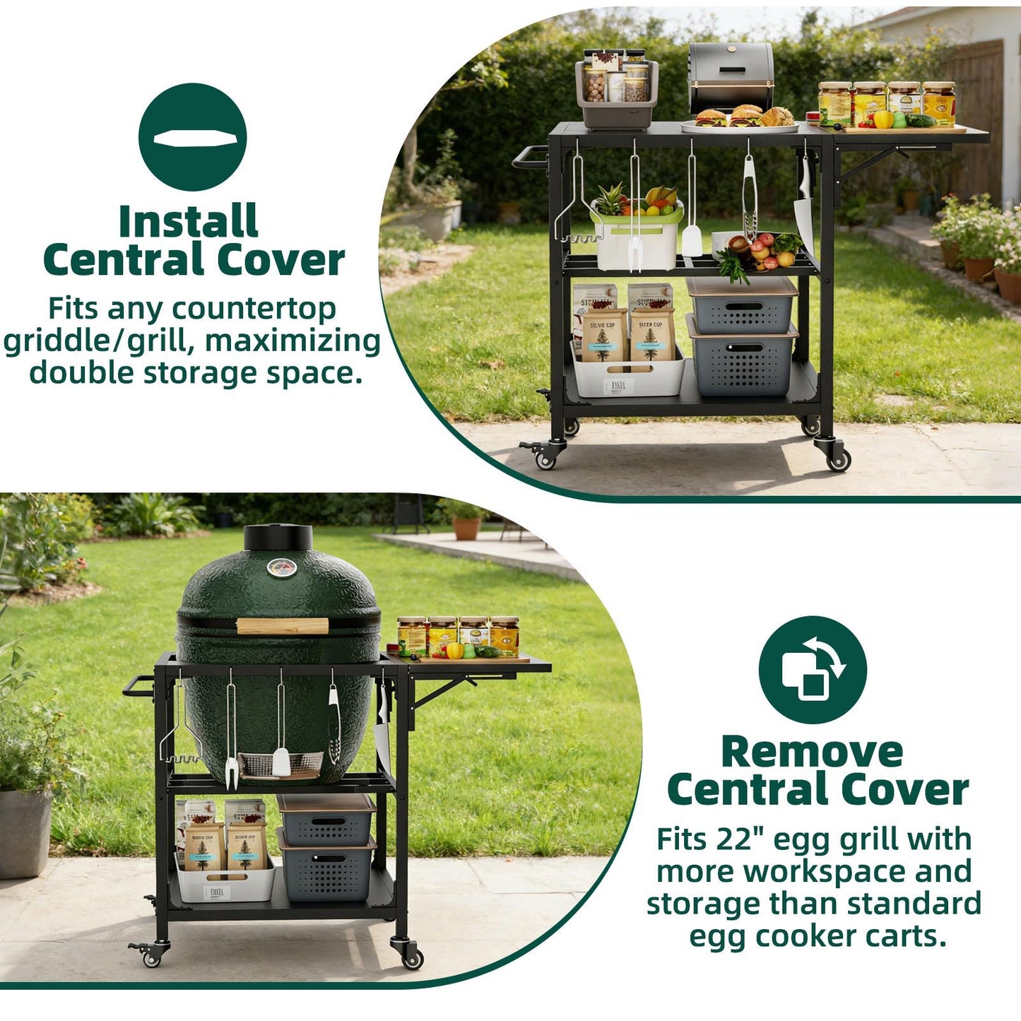 Outdoor Grill Table, Prep Cart With Wheels, Storage Shelf And Hooks - Black
