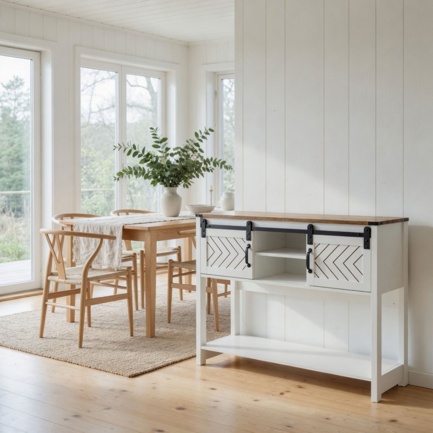 Entryway Table With Sliding Barn Door Storage - White / Oak