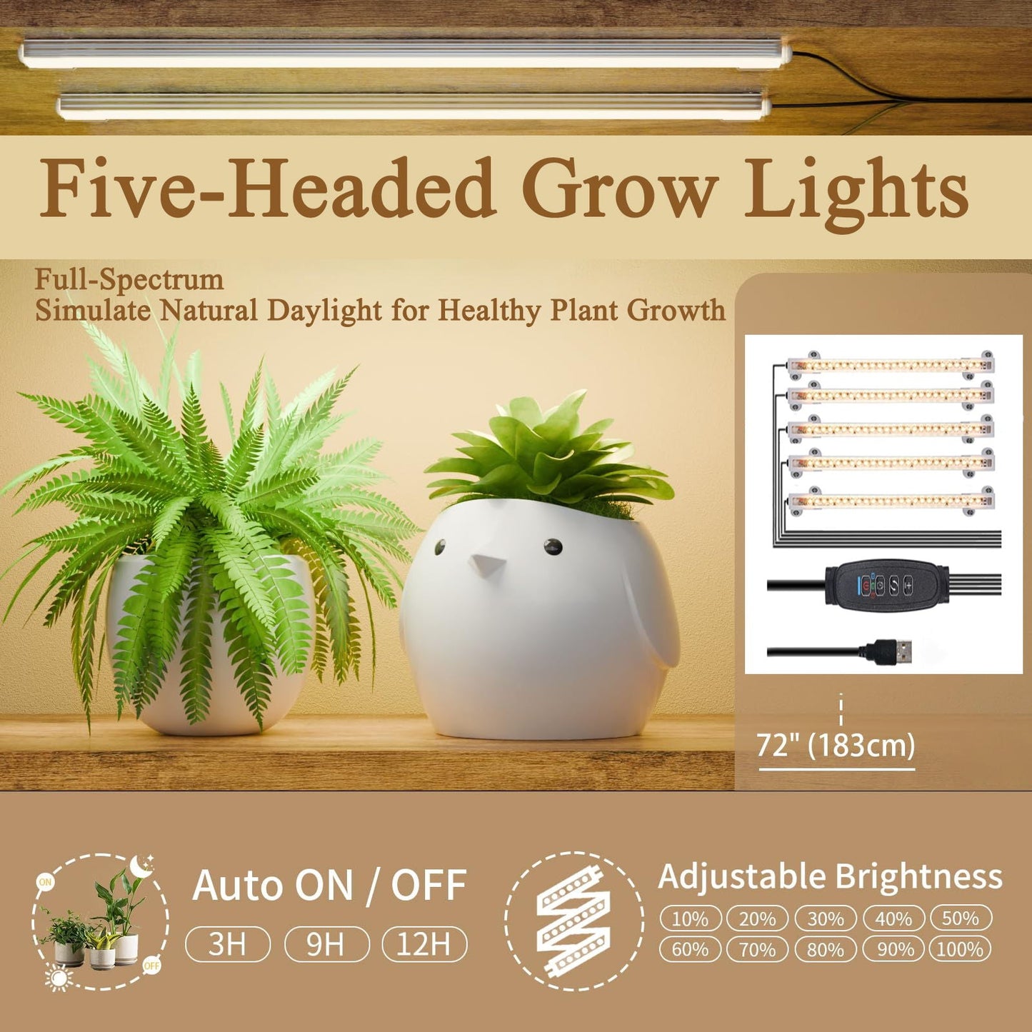 8 Tier Indoor Plant Stand With 5 Grow Lights For Living Room - Rustic Brown