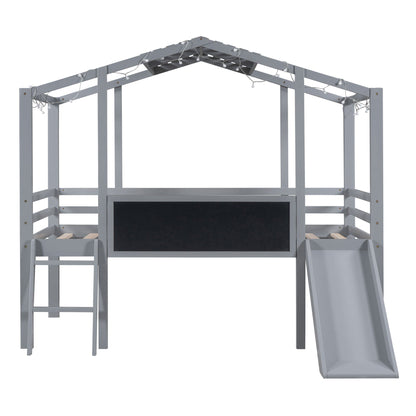 Loft House Bed With Ladder And Slide, With board And Light Strip On The Roof
