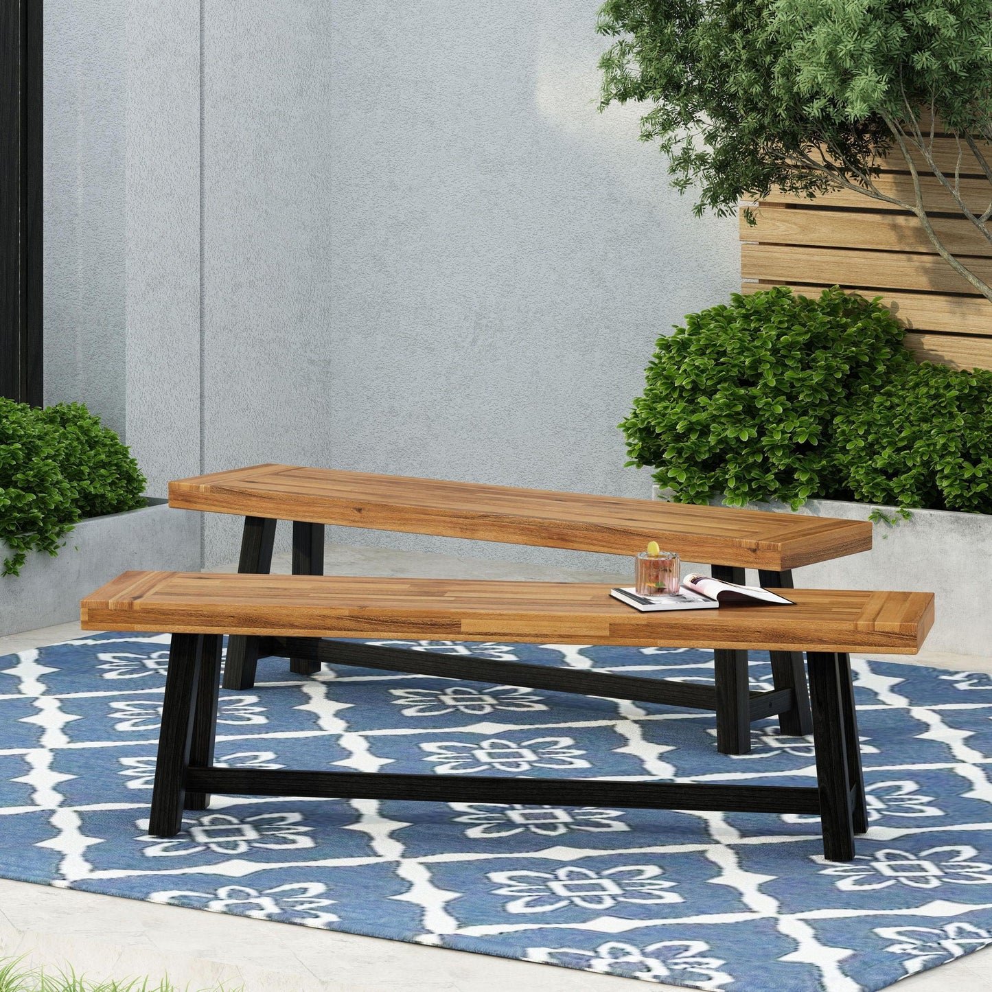 Cloud Outdoor Bench With Acacia Wood Frame And Slat Panel Design