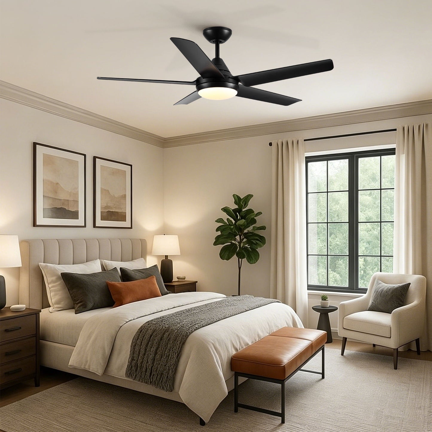 Ceiling Fan With Lights And Remote Control, Reversible DC Motor, 6 Speeds, 3 Cct Dimmable LED, Quiet Timer For Indoor - Black