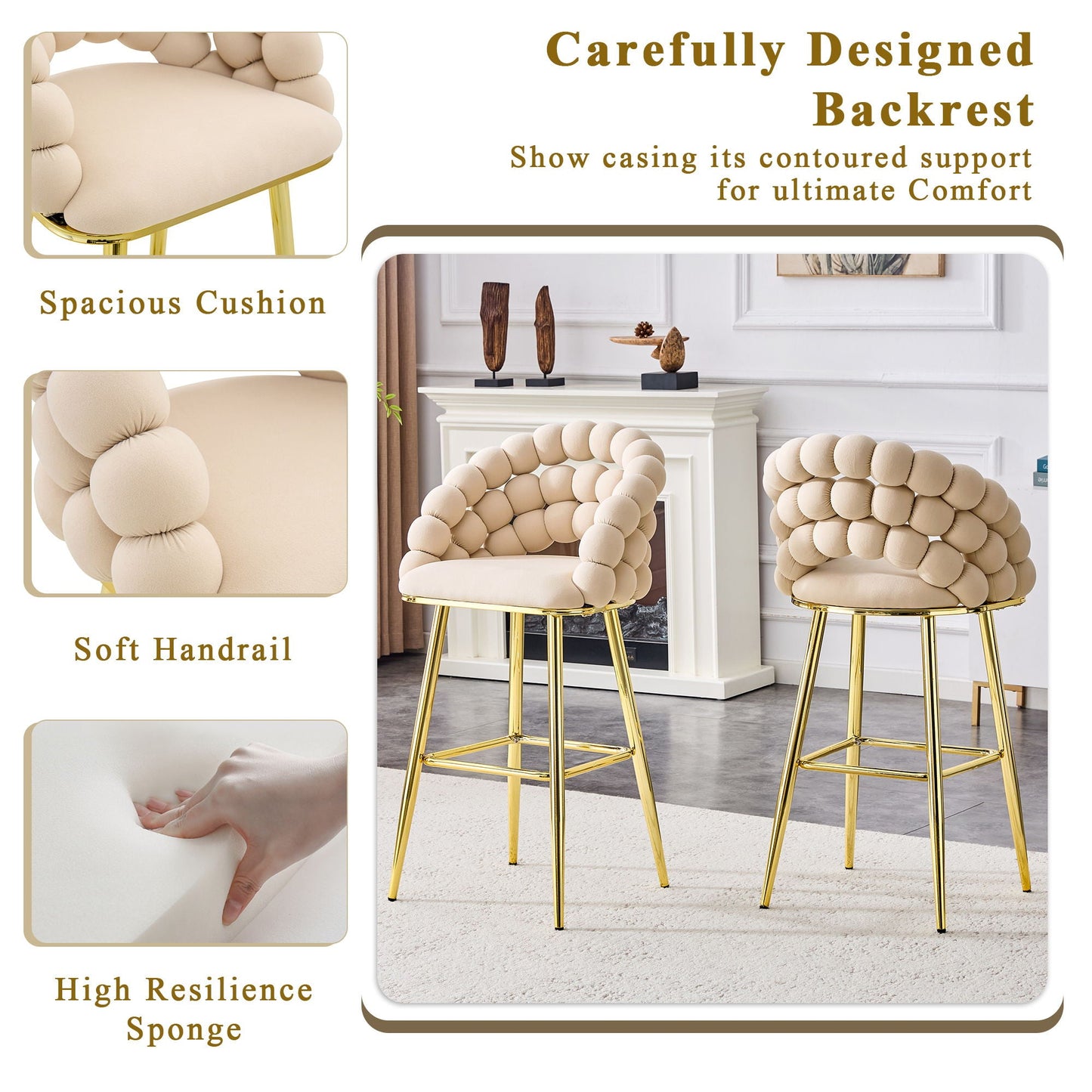 Bubble, Ball Chain Tufted Bar Chairs For Kitchen Island & Home Bar (Set of 2)
