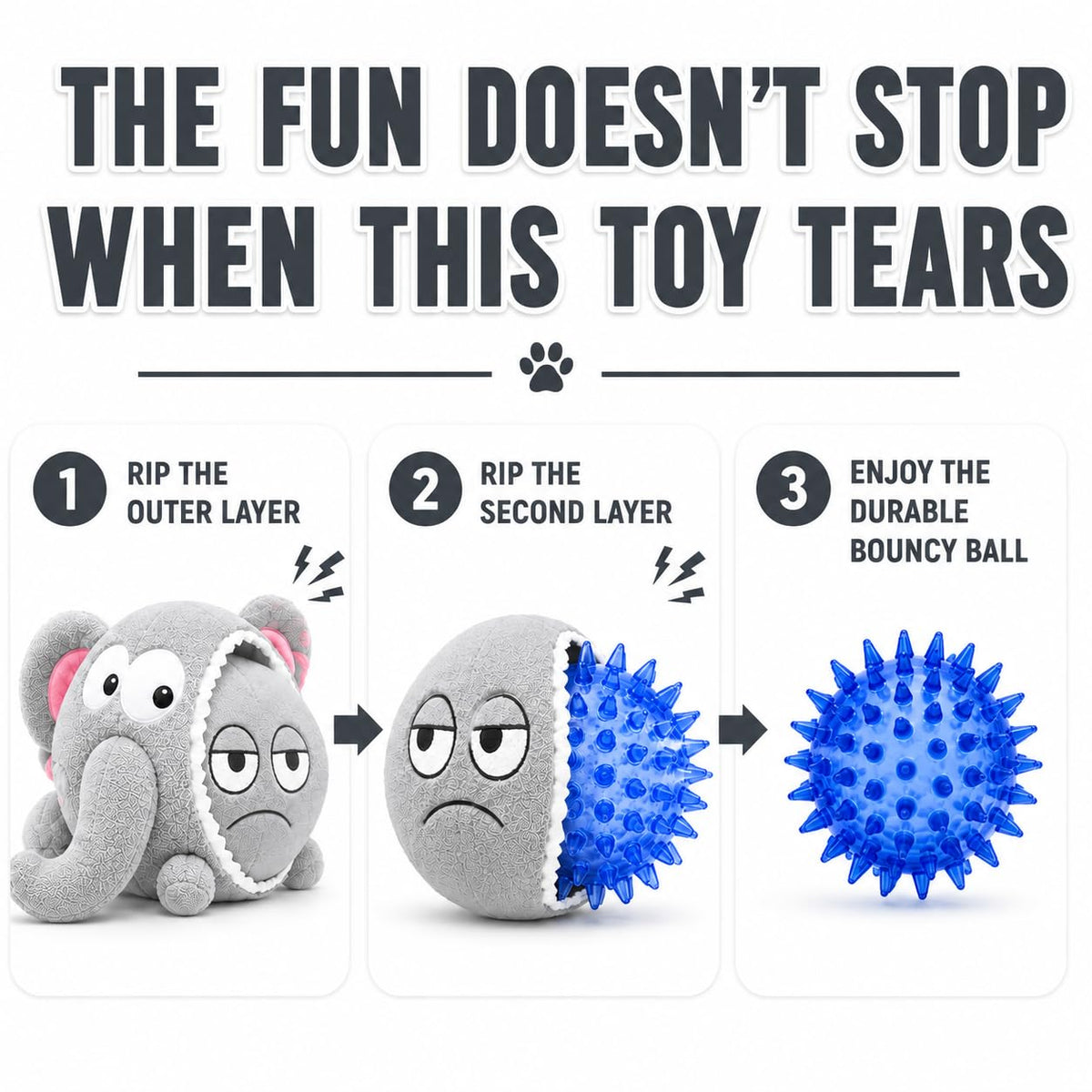 Dog Toy For Aggressive Chewers  No Stuffing Crinkle Plush 3-in-1 Elephant , Durable Squeaky Bouncy Chew Ball Cleans Teeth, Power Chewer Puppy Teething Medium Large Breed Gift