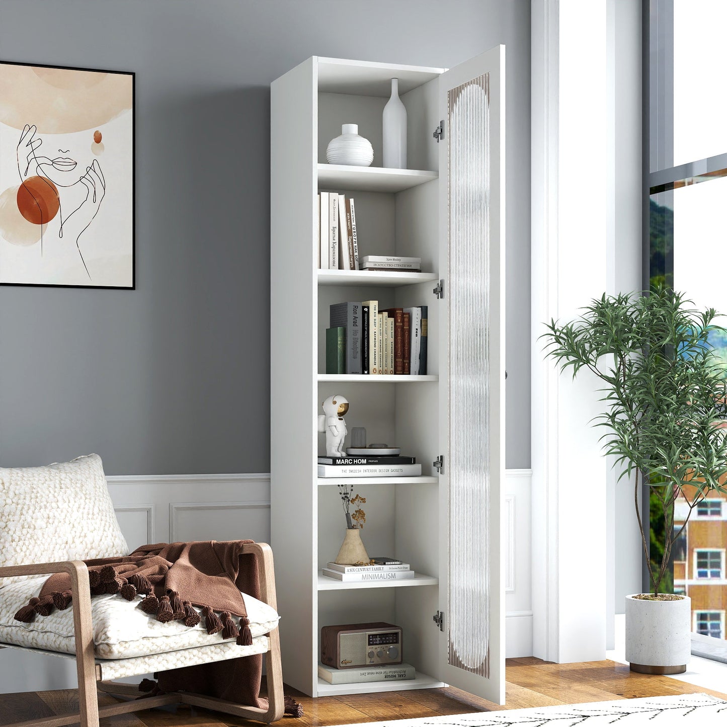 Tall Display Cabinet & Bookshelf with Glass Door