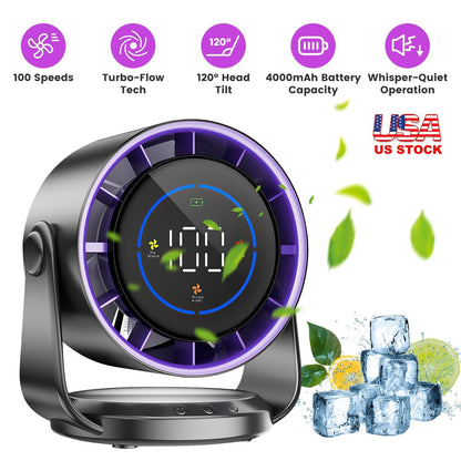 100 Speeds Desk Fan Battery Operated Wall Mounted Fan Rechargeable Mini Desk Fan with 120¼ Tilting Angle for Home Office Travel