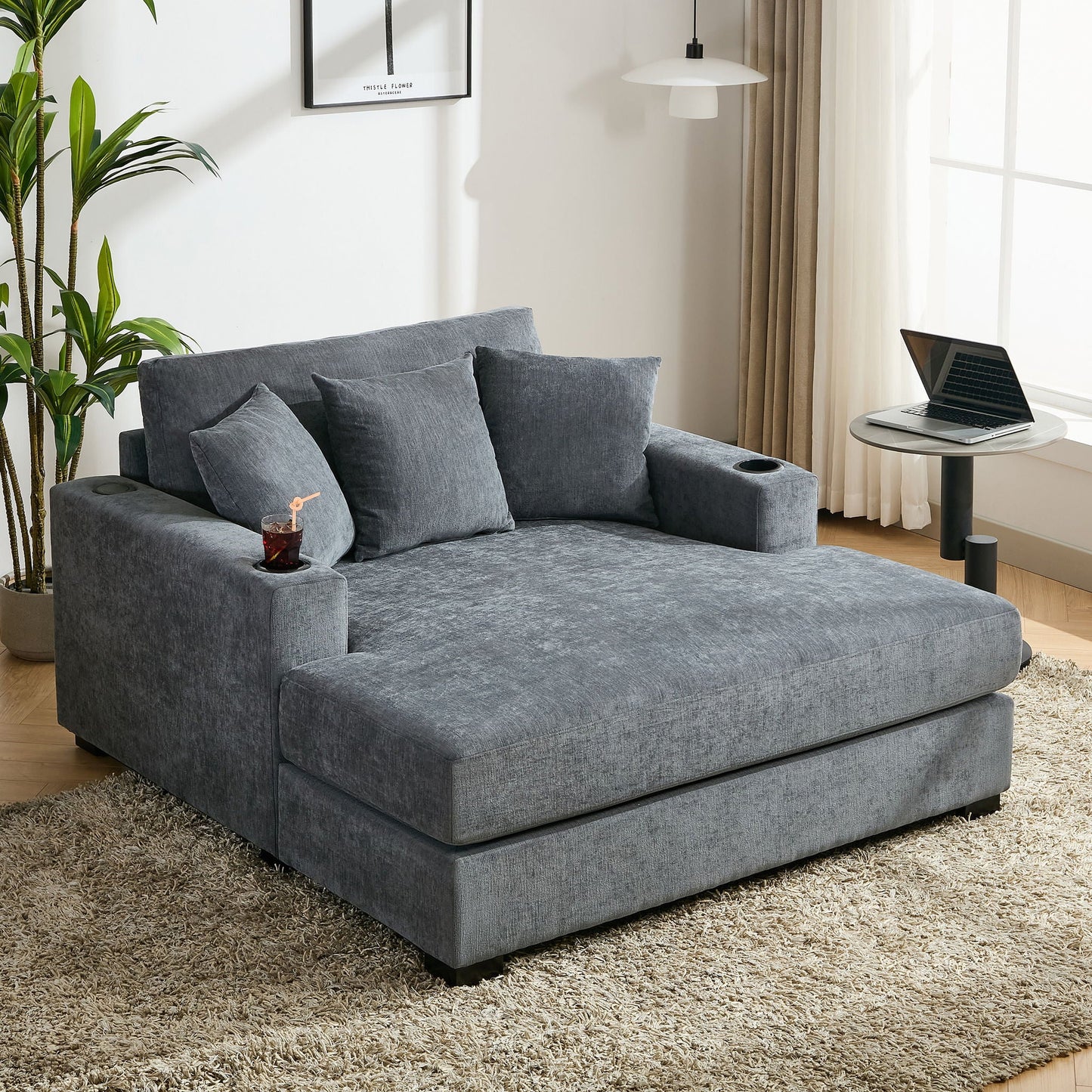 Oversized Chaise Lounger Modern Style Sofa Couch With Pillows, Charge Station & Cup Holders