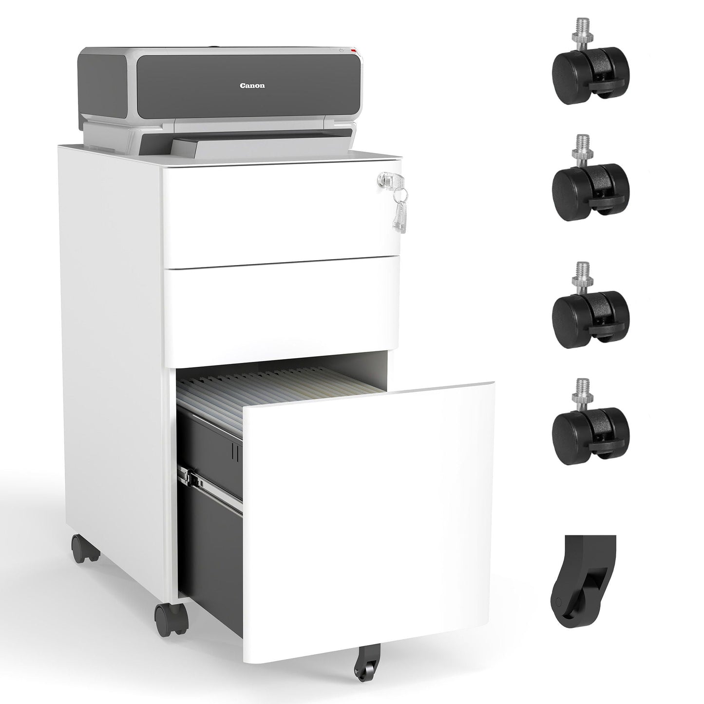 3-Drawer Mobile File Cabinet With Lock, On Wheels - White