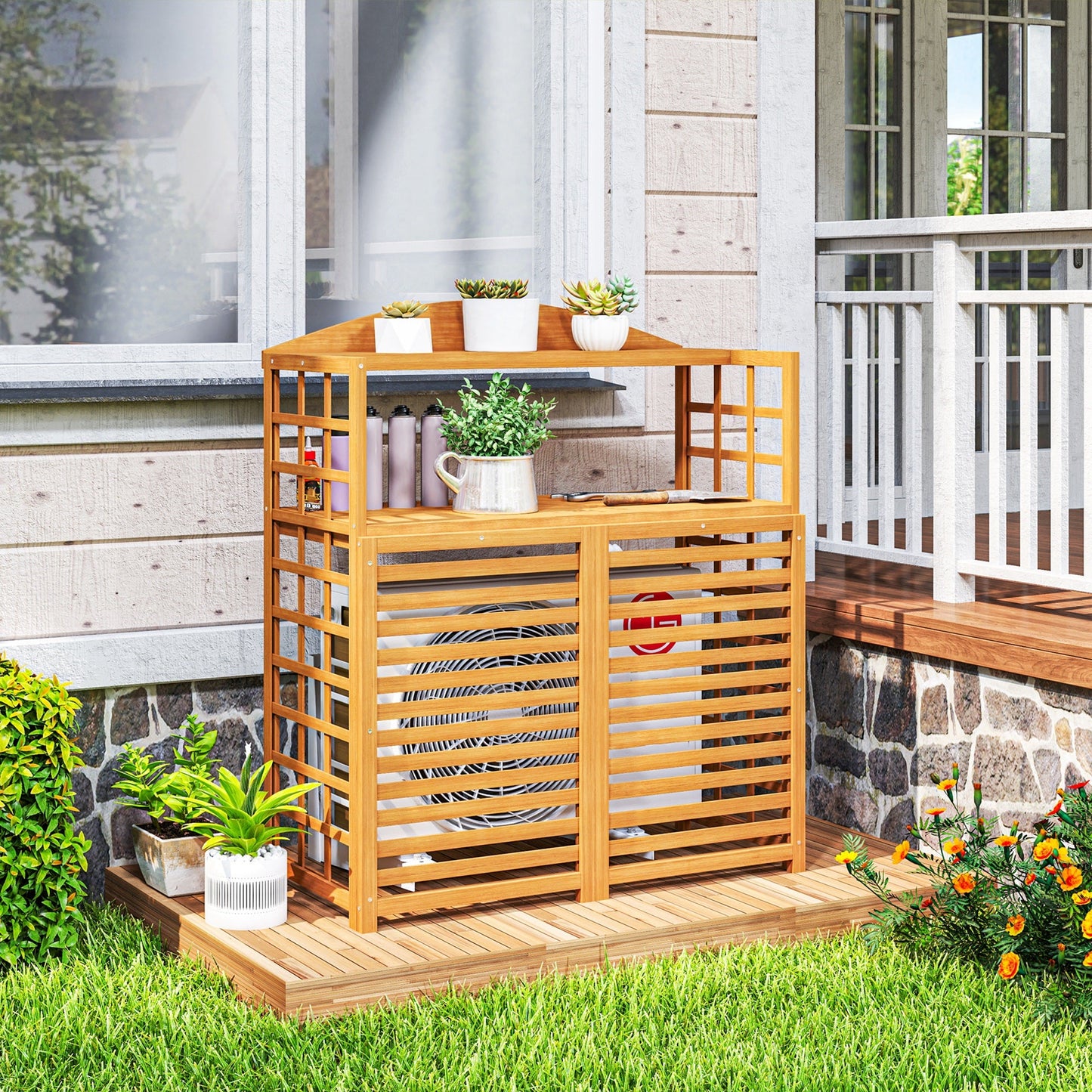 Outsunny Wood Air Conditioner Fence, Outdoor Privacy Screen Potting Table with Shelves