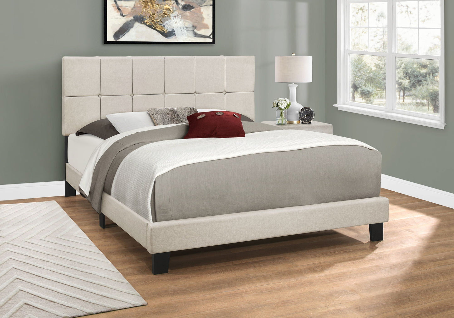 Queen Size Upholstered Bed, Transitional - Beige