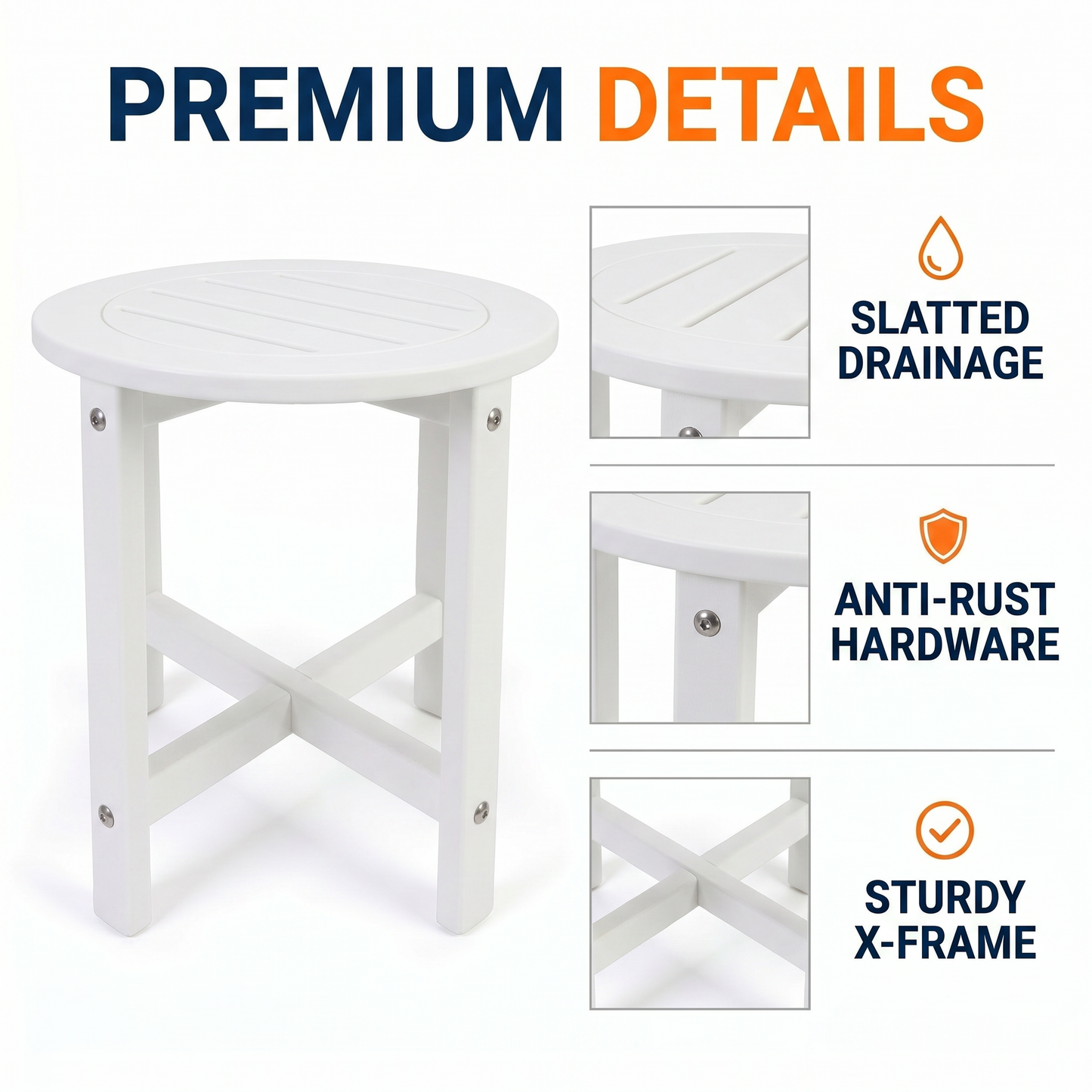 White HDPE Outdoor Side Table, 16 in. Round All-Weather Patio End Table