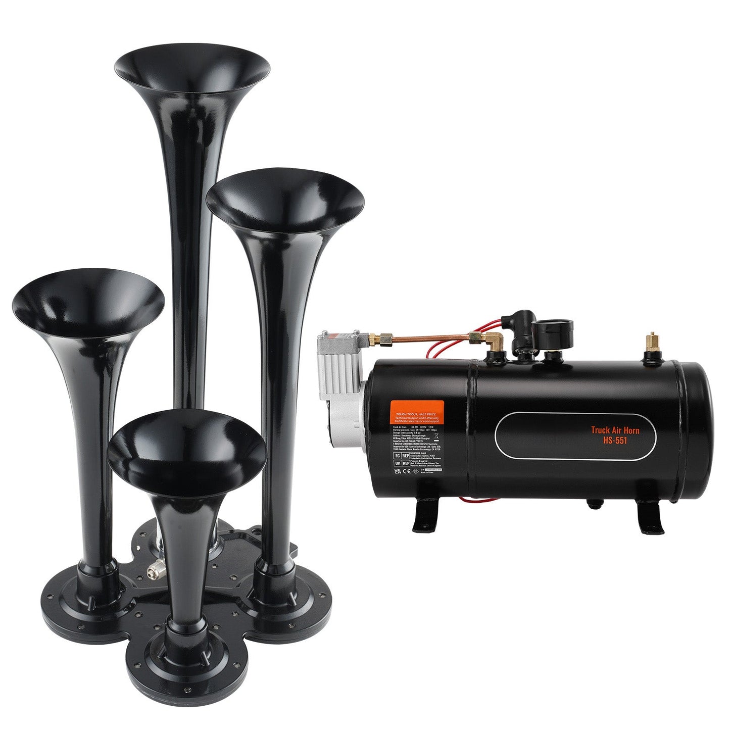 Train Horns Kit, 4 Trumpet Air Horn Kit, 150dB for Pickup Trucks